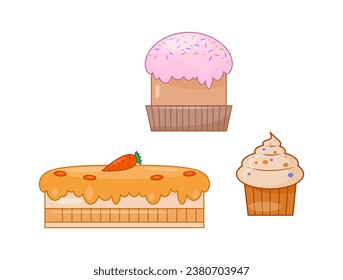 Set of props for Easter. Cakes and cupcakes with glaze. International religious holiday. Dessert and delicacy, pastry. Cartoon flat vector collection isolated on white background