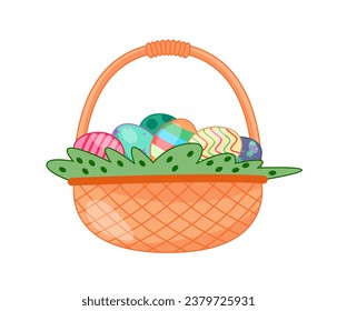 Set of props for Easter. Woolen basket with colorful eggs. International religious holiday. Spring traditional festival. Cartoon flat vector collection isolated on white background