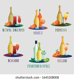 A set of prosecco coctails with their ingredients and glasses