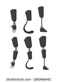 A set of prostheses for people. Hand and leg prosthesis in flat style. Vector.