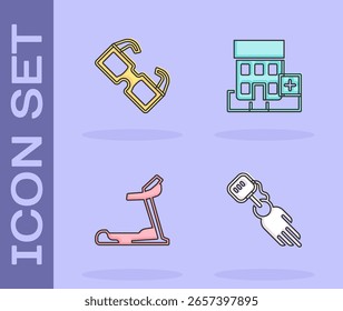 Set Prosthesis hand, Eyeglasses, Treadmill machine and Medical hospital building icon. Vector