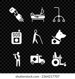 Set Prosthesis hand, Patient with broken leg, Walking stick cane, Human arm, Emergency car, Electric wheelchair, Press SOS button and Blind human holding icon. Vector