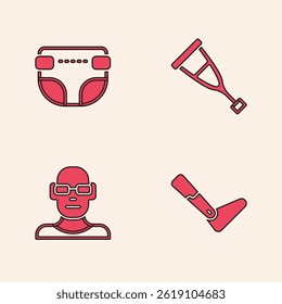 Set Prosthesis leg, Adult diaper, Crutch or crutches and Poor eyesight icon. Vector