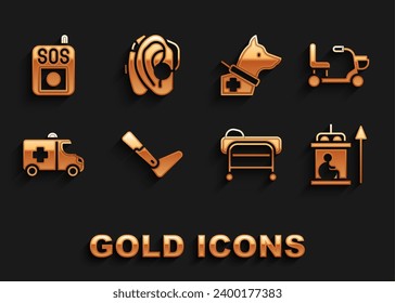 Set Prosthesis leg, Electric wheelchair, Elevator for disabled, Stretcher, Emergency car, Guide dog, Press SOS button and Hearing aid icon. Vector