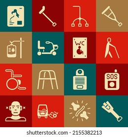 Set Prosthesis leg, Press SOS button, Blind human holding stick, Walking cane, Electric wheelchair, IV bag, X-ray shots and Separated toilet for disabled icon. Vector