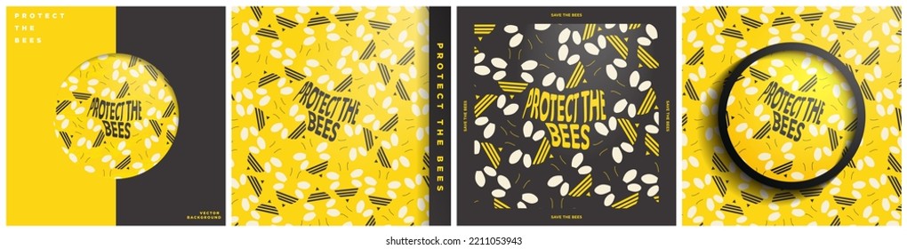 Set of Protect the bees and save the bees concept design artworks, bee themed card templates for designs and posters. Vivid and colorful bee conservation posters. Vector Illustration. 