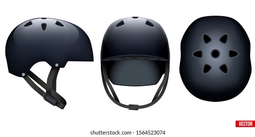 Set of protect helmet of extreme. View of side and front and top. Extreme sport and leisure equipment. Black color. Vector Illustration isolated on white background.