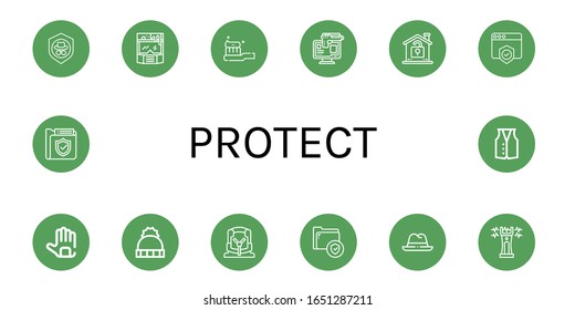 Set of protect icons. Such as Shield, Helmet, Tooth Brush, Online robbery, Unlock, Gloves, Hat, Car seat, Secure, Stun gun, Security, Vest , protect icons