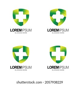 set protect logo, shield and cross design with flat 3d in green color style