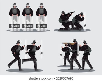set of protection and crowd control police in action. flat vector illustrator style 