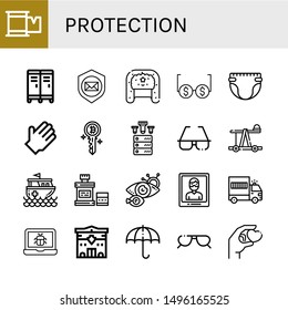 Set of protection icons such as Plaster, Locker, Shield, Hat, Glasses, Diaper, Rubber gloves, Key, Ddos, Sunglasses, Catapult, Rescue boat, Mouthwash, Eye scan, Arrest , protection