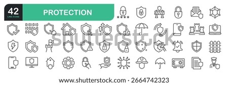 Set Of Protection Line Icons. Contains such icons as Security, Safety, Guard, Barrier, Technology Protection, Password, Antivirus, and more.