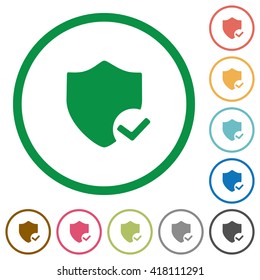 Set of Protection ok color round outlined flat icons on white background