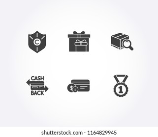 Set of Ð¡opyright protection, Payment method and Cashback card icons. Delivery boxes, Search package and Best rank signs. Shield, Cash or non-cash payment, Birthday gifts. Vector