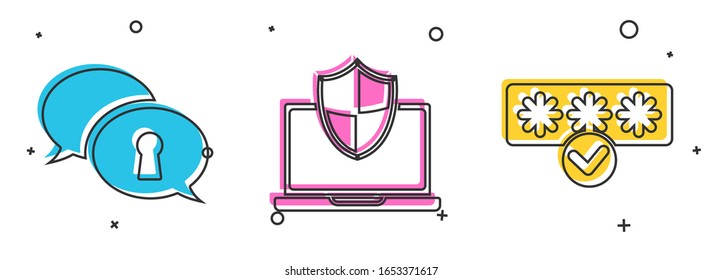Establecer Protección de datos personales , Portátil protegido con protección de escudo y contraseña e icono de acceso de seguridad. Vector