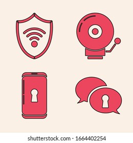 Set Protection of personal data , Shield with WiFi wireless internet network, Ringing alarm bell  and Smartphone with lock  icon. Vector