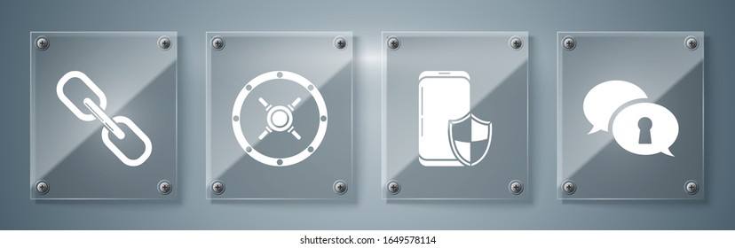 Set Protection of personal data , Smartphone with security shield , Safe  and Chain link . Square glass panels. Vector