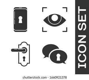 Set Protection of personal data , Smartphone with lock , Door handle  and Eye scan  icon. Vector