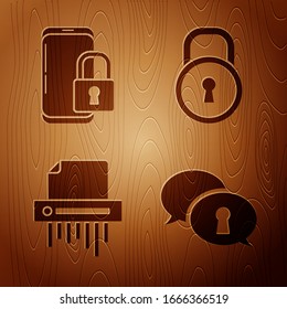Set Protection of personal data , Smartphone with closed padlock , Paper shredder confidential and Lock  on wooden background. Vector