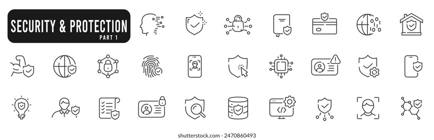 Set of protection and security related line icons. Safety, password, acces, lock, shield etc. Editable stroke