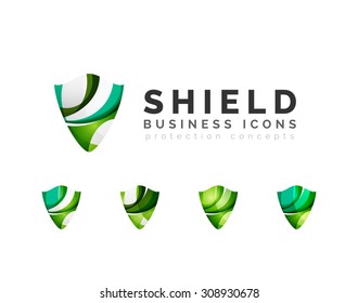 Set of protection shield logo concepts. Color flowing wave design icons on white