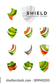 Set of protection shield logo concepts. Color flowing wave design icons on white