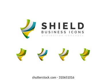 Conjunto de conceptos del logotipo de protección de protección. Iconos de diseño de ondas de flujo de color en blanco