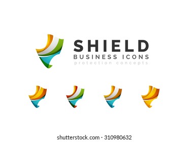 Set of protection shield logo concepts. Color flowing wave design icons on white