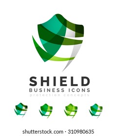 Set of protection shield logo concepts. Color flowing wave design icons on white