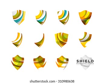 Set of protection shield logo concepts. Color flowing wave design icons on white