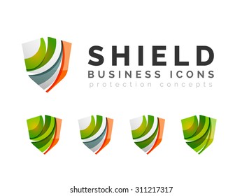 Set of protection shield logo concepts. Color flowing wave design icons on white