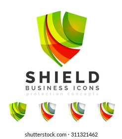 Conjunto de conceptos del logotipo de protección de protección. Iconos de diseño de ondas de flujo de color en blanco