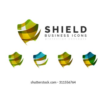 Set of protection shield logo concepts. Color flowing wave design icons on white