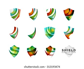 Set of protection shield logo concepts. Color flowing wave design icons on white