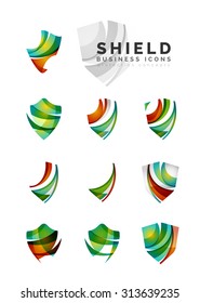 Set of protection shield logo concepts. Color flowing wave design icons on white