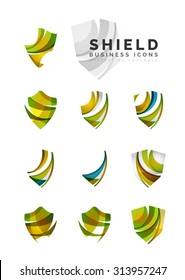 Set of protection shield logo concepts. Color flowing wave design icons on white