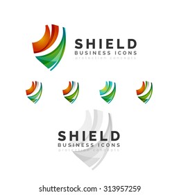 Set of protection shield logo concepts. Color flowing wave design icons on white