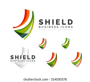 Set of protection shield logo concepts. Color flowing wave design icons on white