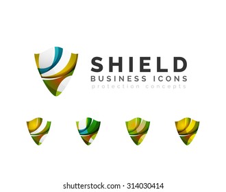 Conjunto de conceptos del logotipo de protección de protección. Iconos de diseño de ondas de flujo de color en blanco