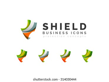 Set of protection shield logo concepts. Color flowing wave design icons on white