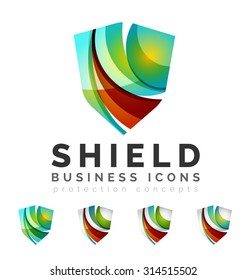Set of protection shield logo concepts. Color flowing wave design icons on white