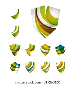 Set of protection shield logo concepts. Color flowing wave design icons on white