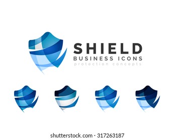 Set of protection shield logo concepts. Color flowing wave design icons on white