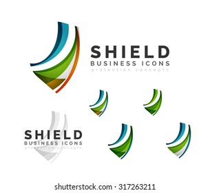 Conjunto de conceptos del logotipo de protección de protección. Iconos de diseño de ondas de flujo de color en blanco