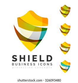 Set of protection shield logo concepts. Color flowing wave design icons on white