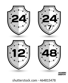 Set of protection shields with shadow, and sign on clock face - 12, 24, 24-7, 48 hour cycle. Icon isolated on white background. Vector