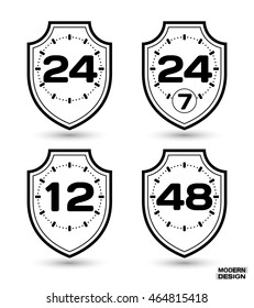 Set of protection shields with sign on clock face - 12, 24, 24-7, 48 hour cycle. Icon isolated on white background. Vector