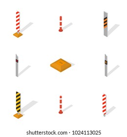 Set of protective barriers and road columns with slanted black and yellow stripes, isolated on white background. Flat 3d isometric style, vector illustration.