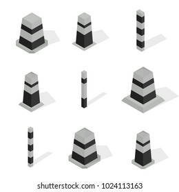 Set of protective barriers and road concrete columns with black stripes, isolated on white background. Flat 3d isometric style, vector illustration.