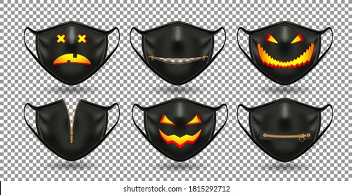 A Set Of Protective Comic  Halloween Face Mask  Template. For The Coronavirus Party. Reusable Alternative To Disposable Mask. 3D Realistic. Isolated On Transparent Background. Vector.